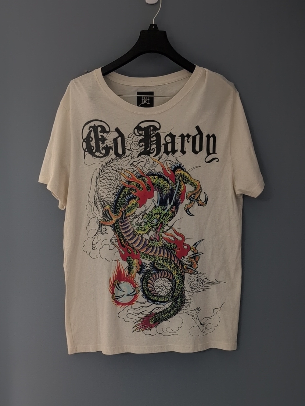 Ed Hardy Cream Tee with Multicolor Dragon Graphic
